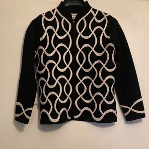 Talbots Wool Black Cardigan with White Swirl Design - Zipper - Size Medium